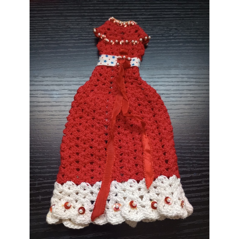 Handmade Crochet Barbie Dress Red White Beaded OOAK Doll Clothes Outfit